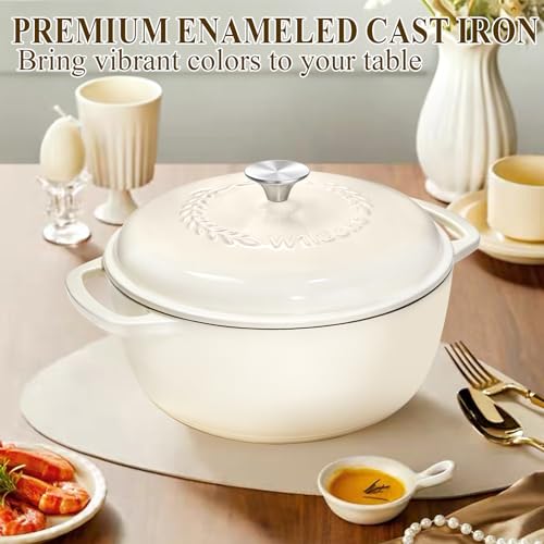 Wildone 6QT Enamel Cast Iron Dutch Oven with Lid - Cream White, Oven Safe 500°F