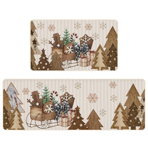 Tinideya 2Pcs Wooden Tree Christmas Kitchen Mats – Snowflake Snow Sleigh Runner Rugs (Variation: Wooden Tree)