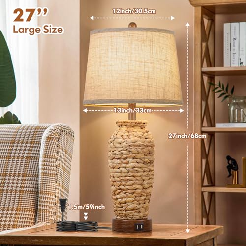 Natural Vase Set of 2 Rattan Table Lamps with USB Charging Ports - Farmhouse Rustic Woven Seagrass Bedside Lamps for Living Room & Bedroom - Cream Shade