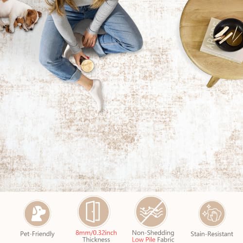 MXSANYOO 8x10 Beige Vintage Washable Rug - Large Non-Slip Low Pile Living Room Carpet