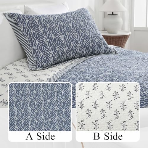 White Slate Blue Queen Quilt Set - 3 Pieces Botanical Cotton Bedspread