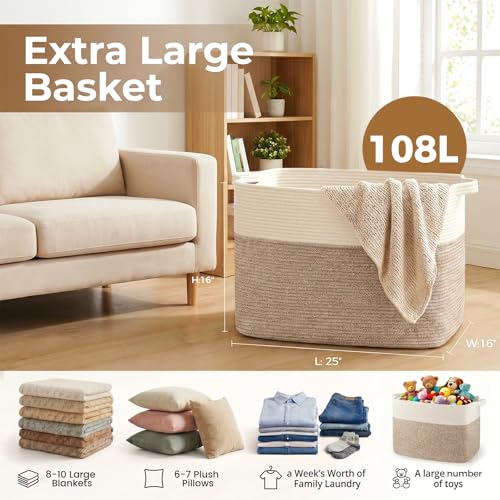 Cotton Rope Storage Basket 108L for Living Room & Bedroom - Brown & White