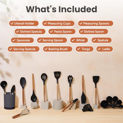 Silicone Kitchen Utensils Set - 22 Pieces with Black Handles & Acacia Wood, Black