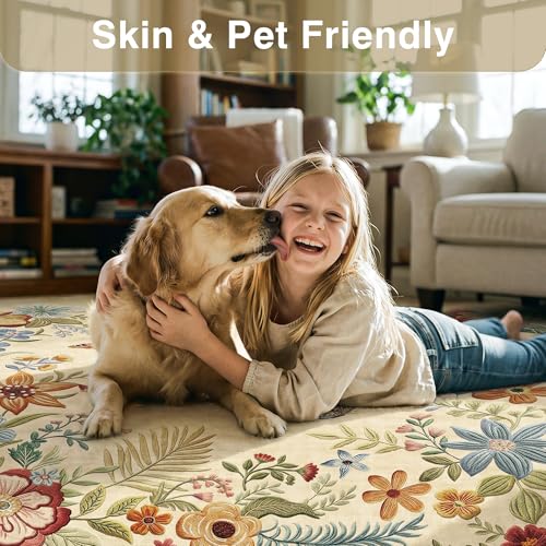 6ft Round Washable Beige Boho Area Rug with Embroidery-Inspired Floral Texture