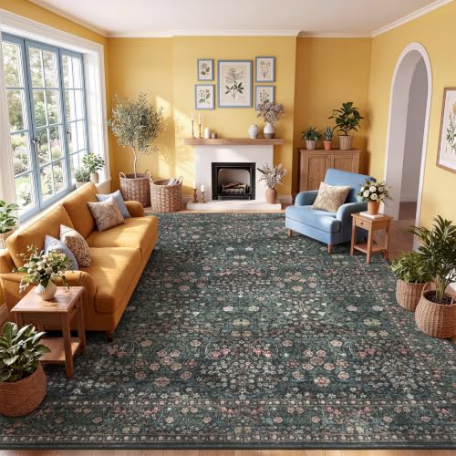 8x10 Dark Green Floral Area Rug - Washable Living Room Carpet