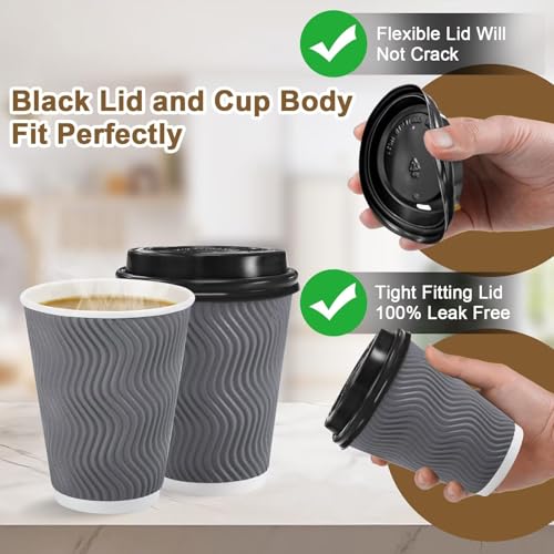 Gray 12 oz Disposable Coffee Cups with Lids - Clawsoff 100 Pack