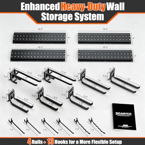 Black 64-Inch Garage Tool Organizer Wall Mount with 13 Heavy-Duty Hooks, 4 Panels