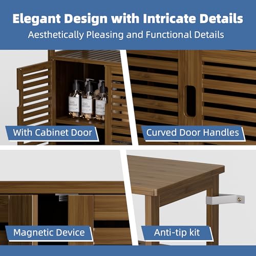 Bathroom Storage Cabinet Bamboo Floor Cabinet with Double Doors and Open Shelf - Walnut Variation