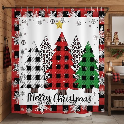 Christmas Tree Shower Curtain Red Buffalo Plaid Xmas Tree Snowflake 72x72 Inch with Hooks - Plaid Xmas Tree Pattern