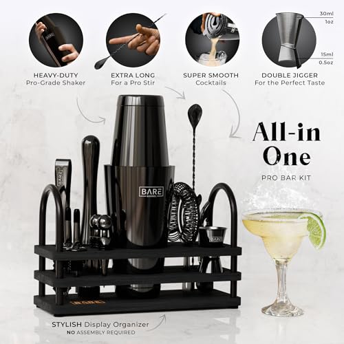 Mixology Bartender Kit with 28oz Boston Shaker - Jet Black Bar Set with 35 Recipes