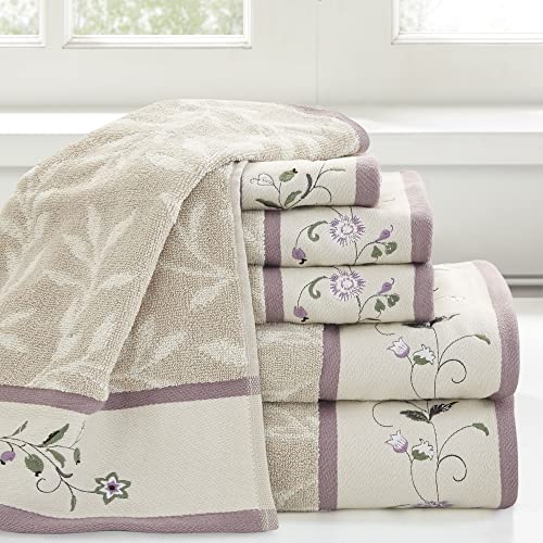 Purple Cotton Bath Towel Set - 6 Piece, 600 GSM, Embroidered & Jacquard