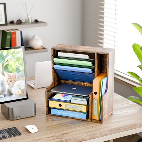 Simple Trending 7-Tier Wooden Desk File Organizer with Side File Holder - Rustic Brown