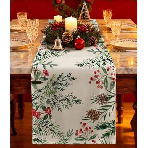 Christmas Table Runner Holly Berries - 13x72 Watercolor Winter Table Runner with Holly Pine Cone Needle Xmas Decor, Vintage Farmhouse Rustic Winter Decoration for Home Kitchen Dinner Party