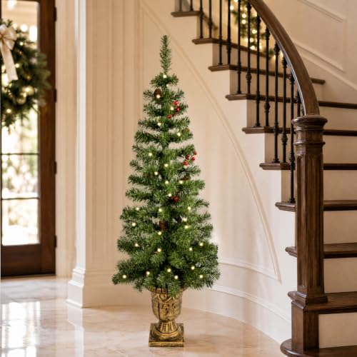 4FT Pre-Lit Artificial Potted Christmas Tree with 50 Warm White LED Lights