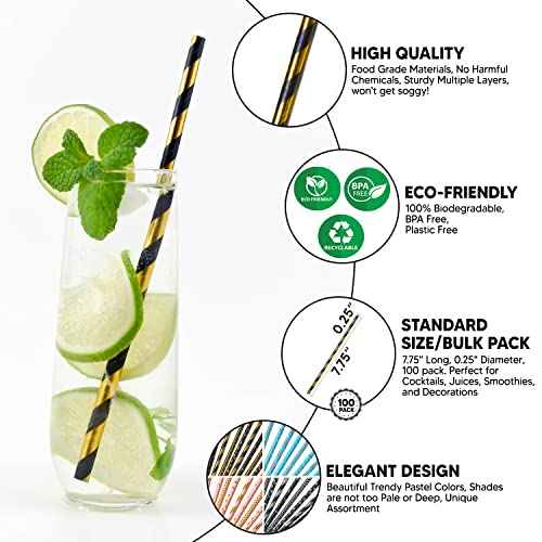 Black, Gold, Black and Gold, Stripe, Star, Chevron ? Disposable Champagne Party Paper Straws 100 Bulk for Drinking, Cocktails, Crafts, Cake pops, Bridal Shower, Birthday, Christmas Decor