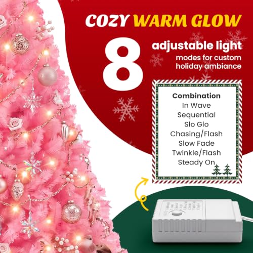 DUMOS 6 Ft Pink Pre-lit Christmas Tree - 250 LED, 8 Modes, 700 Tips