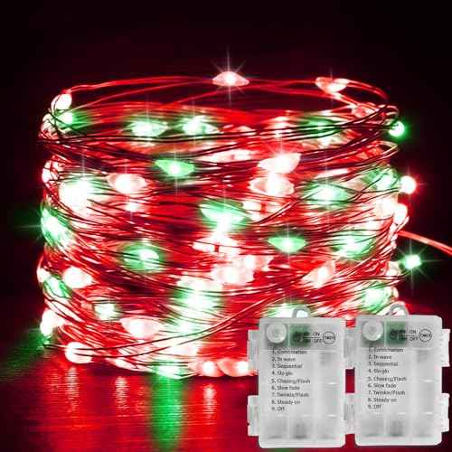 Yayfazy Battery Operated Christmas Lights - Indoor Red & Green Mini Fairy Lights, Timer, 2PACK Total 200LED, 65.6Ft Copper Wire, Battery Powered Decoration for Bedroom, Parties, Centerpiece