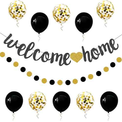 Welcome Home Decorations Glitter Welcome Home Banners Balloons Set Party Pennant Bunting Garland for New Home Family Birthday Christmas Wedding Boy Girl Baby Shower Hanging String Flag Black Golden