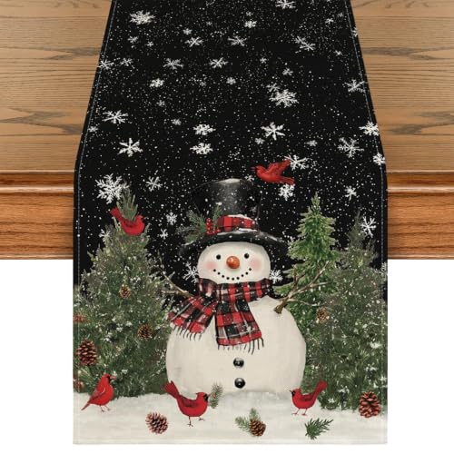 Black Snowman Xmas Tree Christmas Table Runner 13x72in Birds Snowflakes