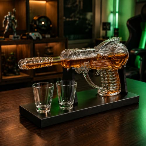KAAS HAUS Whiskey Decanter Set with Wood Stand & 2 Shot Glasses, Retro Sci-Fi Space Pistol Design, 250mL Gift for Men