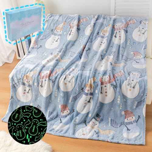 Christmas Snowman Blanket Gift, Glow in The Dark Blanket, Cozy Soft Fleece Blanket for Holiday D?cor, Children Boys Girls Teens Holiday Theme Blanket, 50"*60", Kids Blanket, Sky Blue