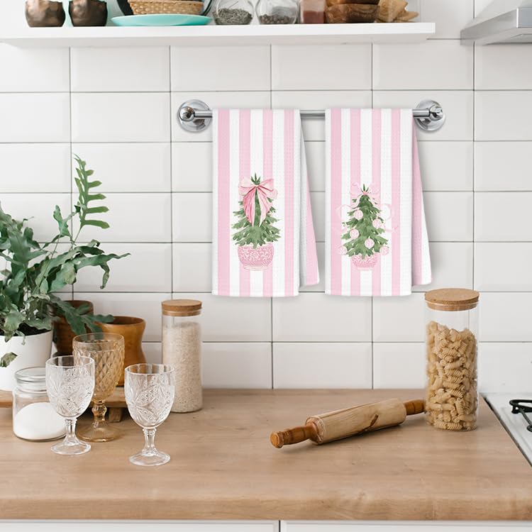Exqcom Tree Towels-f Pink Chinoiserie Christmas Kitchen Towels, 16x24 in Set of 2