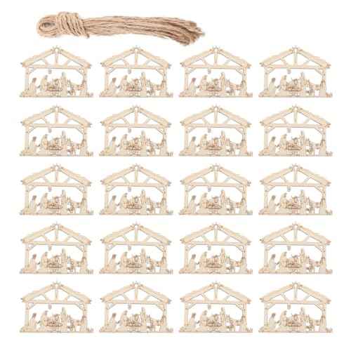 20pcs Christmas Nativity Scene Ornaments Set, 3D Wooden House Hanging Decorations, Religious Christian Xmas Tree Ornaments, The Birth of Jesus Decor for Family