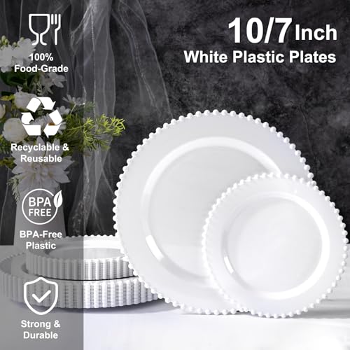 Disposable White Plastic Plates - Beaded Edged, Heavy Duty, 60pcs - Elegant Partyware