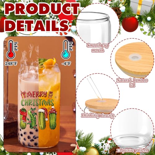 Maxdot 6 Set Christmas Pickle Glass Cups with Lids, Straws & Bags - 16 oz, Pickle Theme
