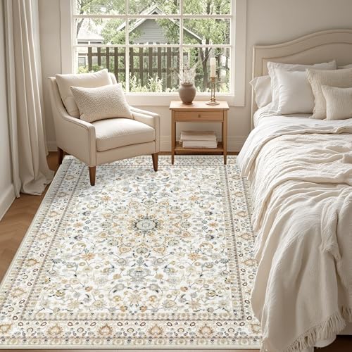 5x7 Area Rugs Living Room: Washable Vintage Rug for Bedroom Beige