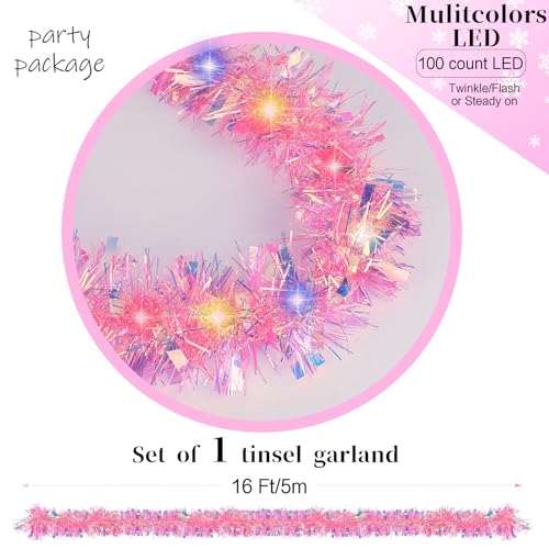 CCINEE DK217 16ft Pink Lighted Tinsel Garland – Prelit Twisted Indoor Christmas/Wedding Decor