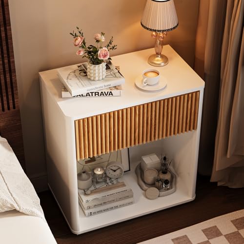White Fluted Nightstand Set of 2 - Mid Century Bedside Tables with Drawer & Shelf