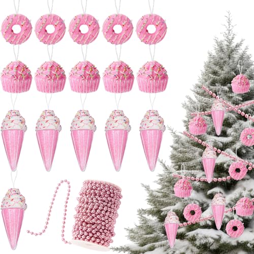 Gejoy Pink Donuts, Cupcakes & Ice Cream Decor Ornaments 19 Pcs – Xmas Foam Set (Pink Variation)