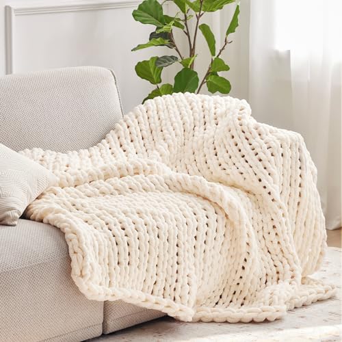Cream White Chunky Knit Throw Blanket 50x60 Inches - Soft Chenille Wool