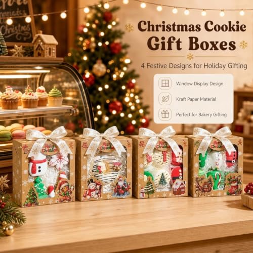 24 Pack Brown Christmas Cookie Gift Boxes with Holiday Prints, 6x6x2.5" - JCXGRVC