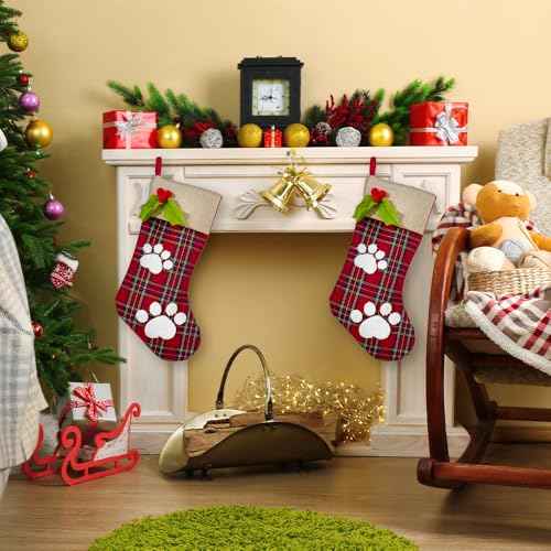 Christmas Stockings with Paw Ornaments, Xmas Burlap Stockings for Fireplace, Large Red Buffalo Plaid Stocking Decorations, Winter Fireplace Hanging Stockings for Home Christmas