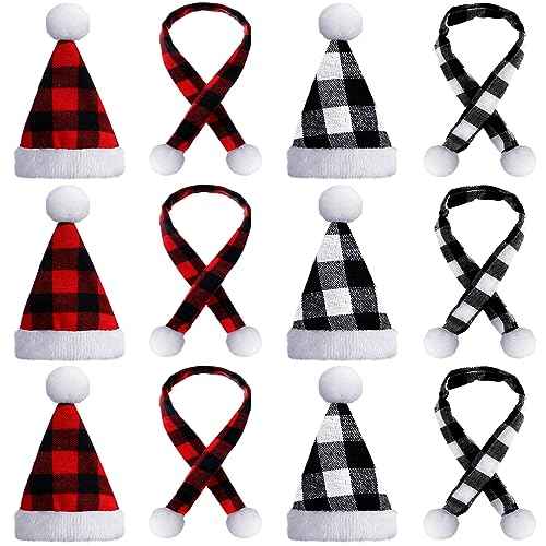 Bencailor 12 Pcs Mini Santa Hats for Crafts Small Christmas Wine Bottle Santa Hats Scarfs Tiny Snowman Hat for Xmas Ornaments Party (Red,Black,White)