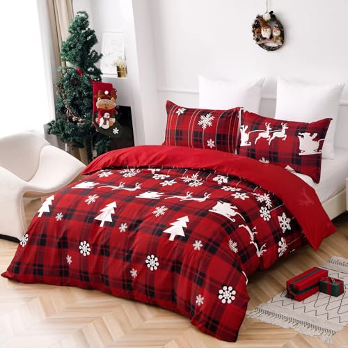 Luxudecor Christmas Queen Comforter Set 7 Pieces, Red Buffalo Plaid