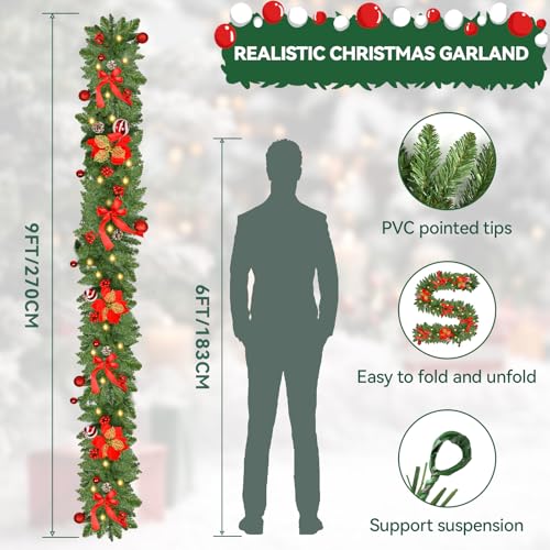 Sukaudiz 9FT Christmas Garland with Lights – Battery-Operated, Timer, Indoor/Outdoor