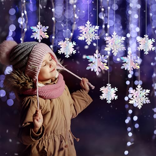 Iridescent-Holographic Snowflake-Snow Christmas Party-Decorations Garland - 12Pcs 3D Winter Wonderland Frozen Hanging Streamers Banner,Disco Birthday Baby Bridal Shower Wedding Decor Supplies Hugtmr