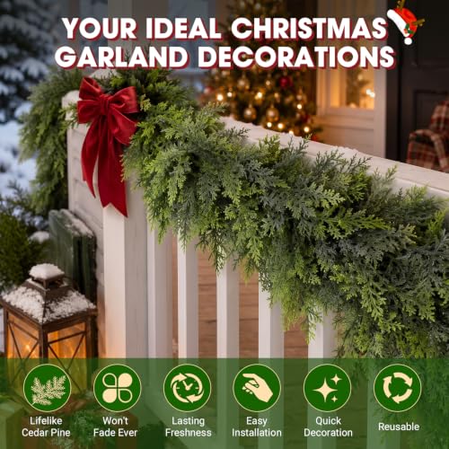 WQlittuK 2 Pack 9FT Artificial Christmas Garland, Dual Green Cedar & Pine for Indoor Outdoor Decor
