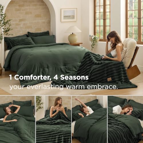 Bedsure 2-in-1 Comforter Set with Detachable Fleece Blanket - Olive Green Queen - Variation 03