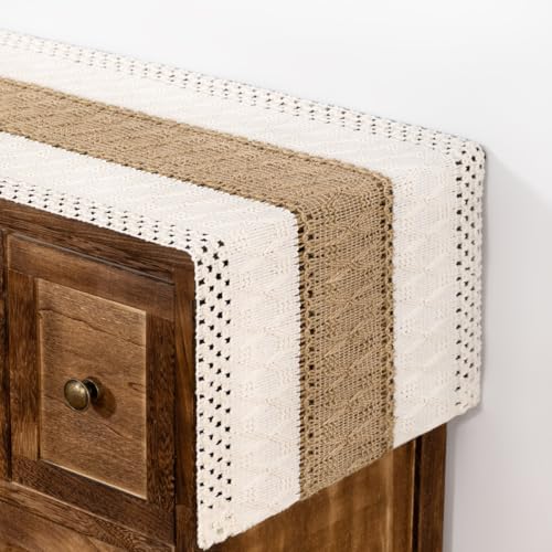 DeZerlor Ivory & Burlap Brown Farmhouse Table Runner 12x48 Inch Woven Dining Decor