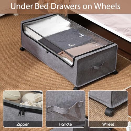 Grey 4-Pack Under Bed Storage Drawers with Lockable Wheels - Heavy Duty, Clear Lid