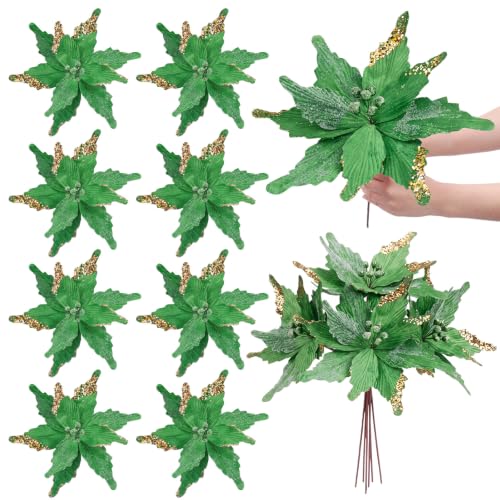 Giegxin Green 12-Inch Christmas Glitter Poinsettia Artificial Flowers - 8 Pack