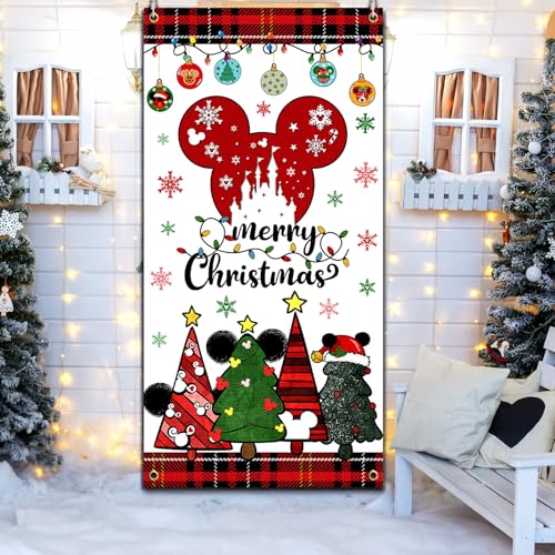 Mouse Christmas Door Cover Decoration,Merry Christmas Door Hanging Backdrop for 2023 Cartoon Mouse Theme Xmas Winter Holiday Supplies