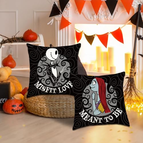 Nightmare Christmas Decorations, Set of 2 Nightmare Before Halloween Cushion Cases, 18x18 Halloween Throw Pillow Cover Decorations, Jack Sally Bed Couch Sofa Decor Party Supplies - Meant to be
