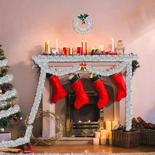 50FT Silver Metallic Twist Shiny Garland for Christmas Tree Decorations, Xmas Holiday Hanging Garland for Home Mantle Stair Indoor Outdoor Party Supplies Decor