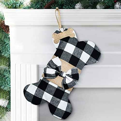 Senneny Pet Dog Christmas Stockings Buffalo Black White Plaid Burlap Large Bone Shape Hanging Christmas Stocking for Dogs Pets