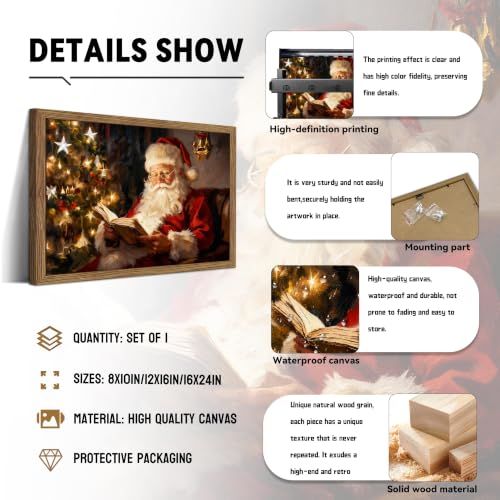 Vintage Santa Reading a Book Canvas Wall Art, Framed 24x16 — Rustic Farmhouse Christmas Print